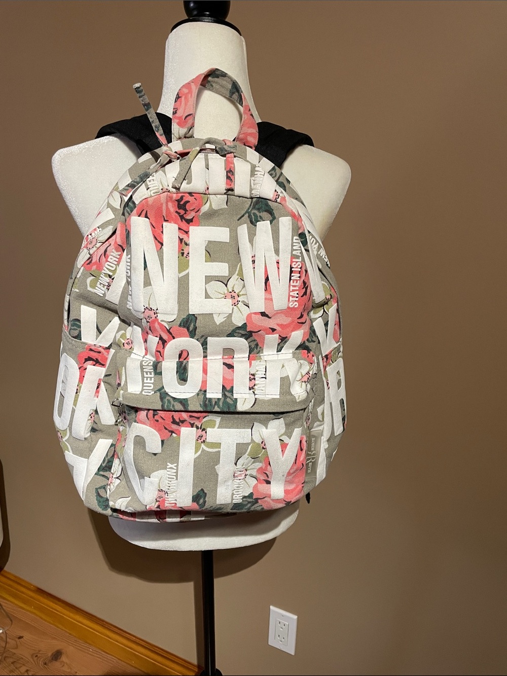 Floral 'New York City' Printed Backpack - Pink Floral on Gray